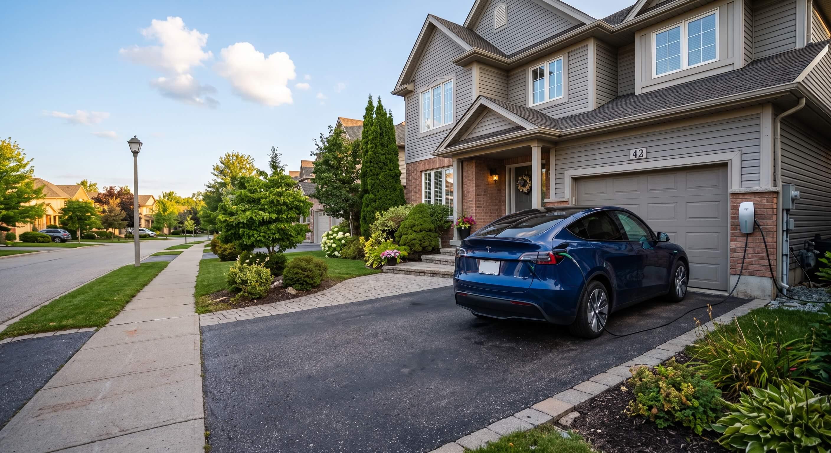 An electric car charging on the driveway of a suburban home.