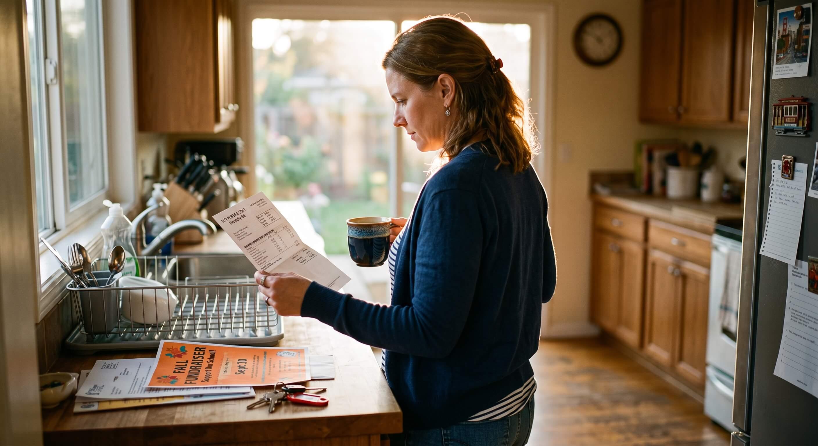 A customer reading her electricity bill at the kitchen counter.