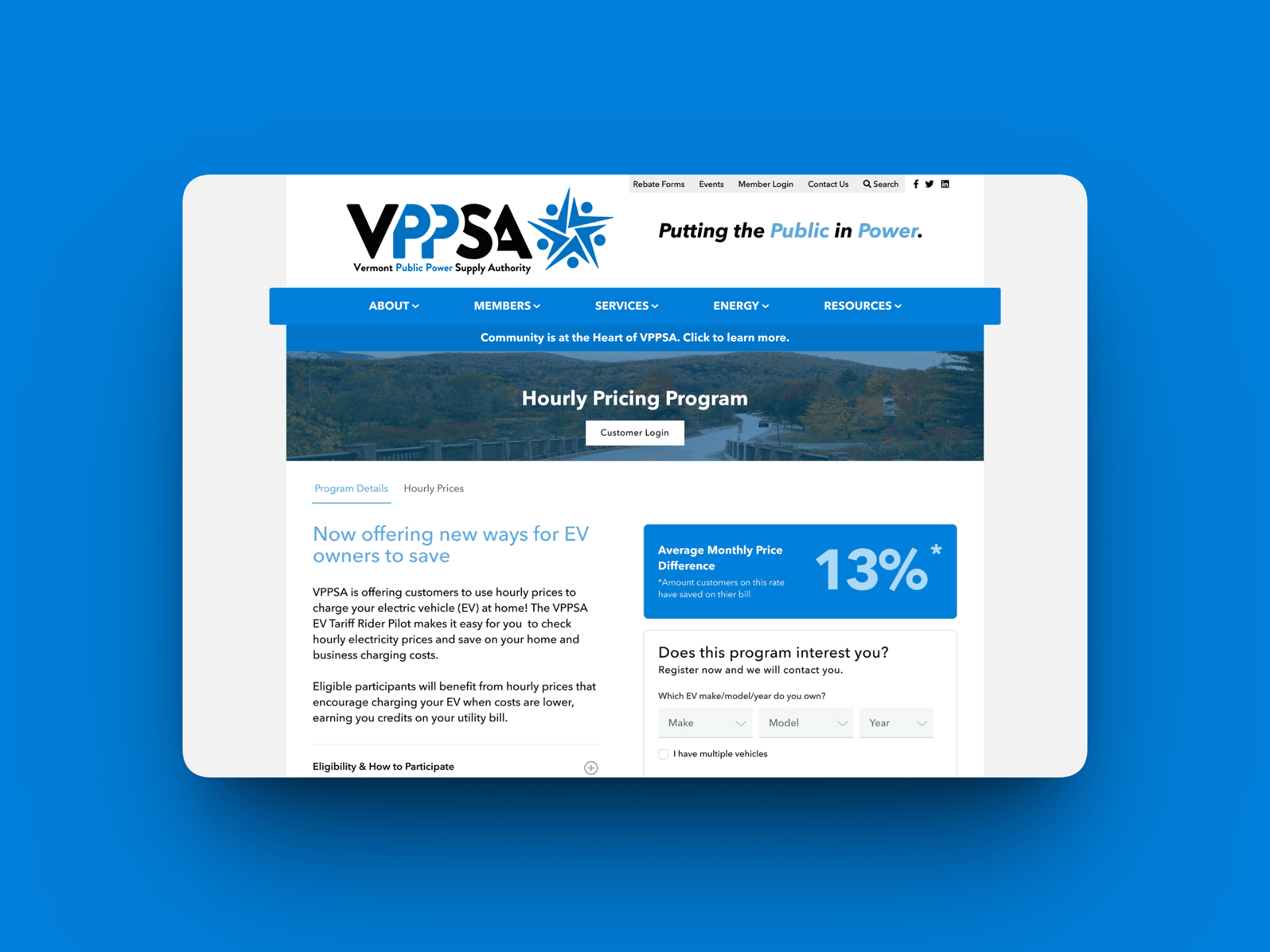 The public Hourly Pricing Program page, where EV owners see the savings on offer and check whether they qualify.